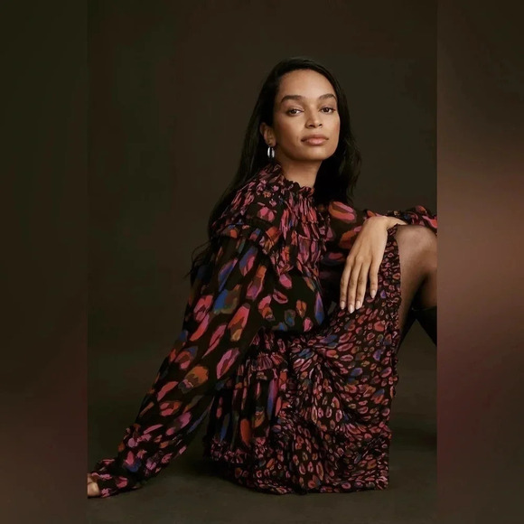 Farm Rio Anthropologie Iridescent Leopards Black Ruffled Dress - Size Small - Picture 4 of 16